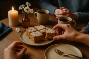 Mesa com amigos compartilhando sobremesas