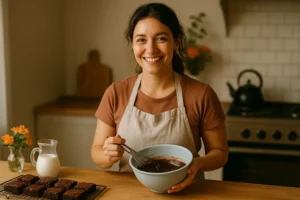 Autora do blog na cozinha, avental e utensílios